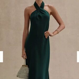 BHLDN ruby twist halter satin gown emerald size 0